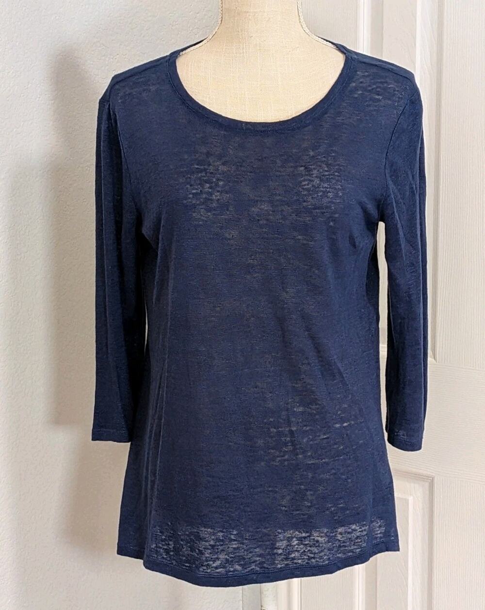 Vince Womens Blue 100% Linen 3/4 Sleeve Slub Knit Top Small